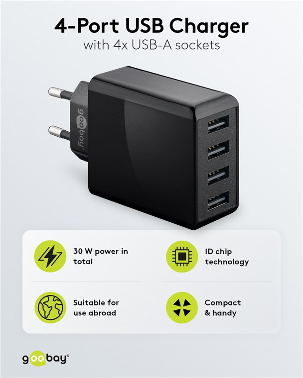 4-fach USB-Ladegerät (30 W) schwarz Wentronic Top-Marken mit Elektronik-Zubehör | Großhändler 