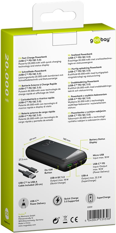 Fast Charge Power Bank 20,000 mAh (USB-C™ PD, QC 3.0), Electronic  accessories wholesaler with top brands