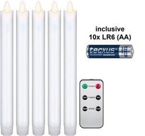 5er-Set weiße LED-Echtwachs-Stabkerzen, inkl. Fernbedienung und 10x AA (LR6)