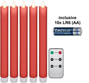 5er-Set rote LED-Echtwachs-Stabkerzen, inkl. Fernbedienung und 10x AA (LR6)